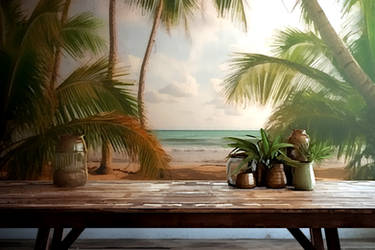 wood table with seascape and palm leaves