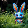 a cute bunny with bushy fur, red and blue color