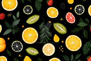 JUICY FRUITS AND LEAVES ON BLACK BACKGROUND