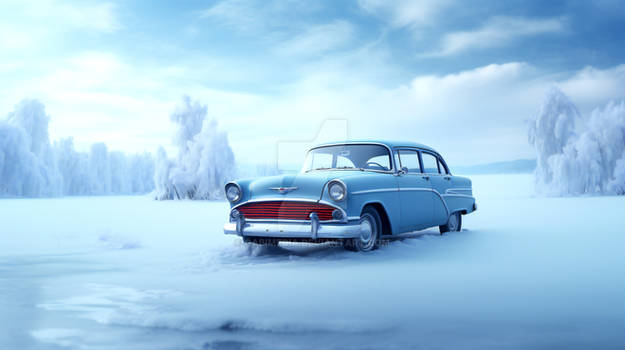 sky-blue old car in the middle of the frozen lake,