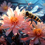 A bee sitting on a dahlia flower in the moonlight