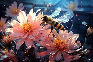 A bee sitting on a dahlia flower in the moonlight