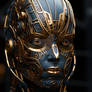 close up portrait of a black and gold cyborg