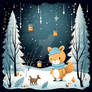 Winter night forest with a greeting baby deer and