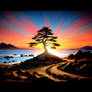 Cartoon tree on an island, sunrise