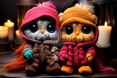 Chibi knit night owls standing next to each other