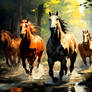 A pack of Wild horses running in a forest near...
