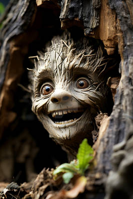a face of an intergalactic character in a tree...