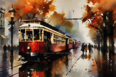 Oil Painting on Canvas, tram through the autumn ra