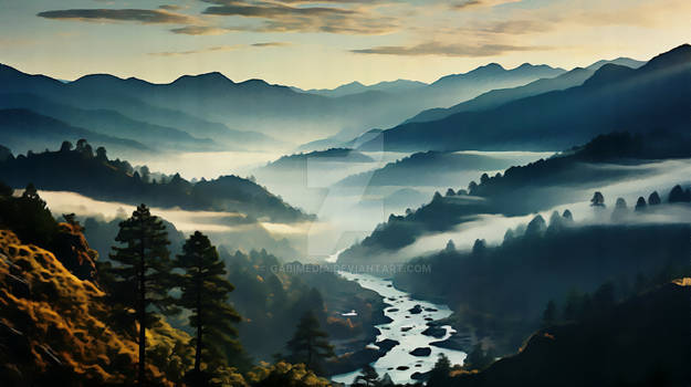 Fog coming in over mountains at sunrise