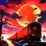 Oil Painting on Canvas, one train by moon dark