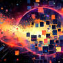 abstract: dark orange violet, satellites and explo