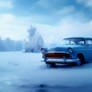 sky-blue old car in the middle of the frozen lake