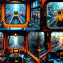Locomotive on the railway. Cab view train Close-Up