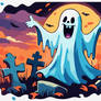 Sticker - Screaming ghost in a graveyard cute cart
