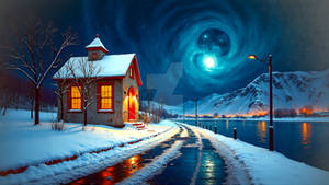 Mountain village winter evening with northern ligh