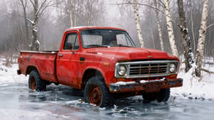 5K Vintage Red Pickup Truck on Frozen Lake