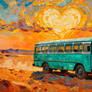 Vintage Turquoise Bus Journey Through Desert Lands
