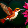 Hummingbird Flying Towards Pink Rhododendron Flowe