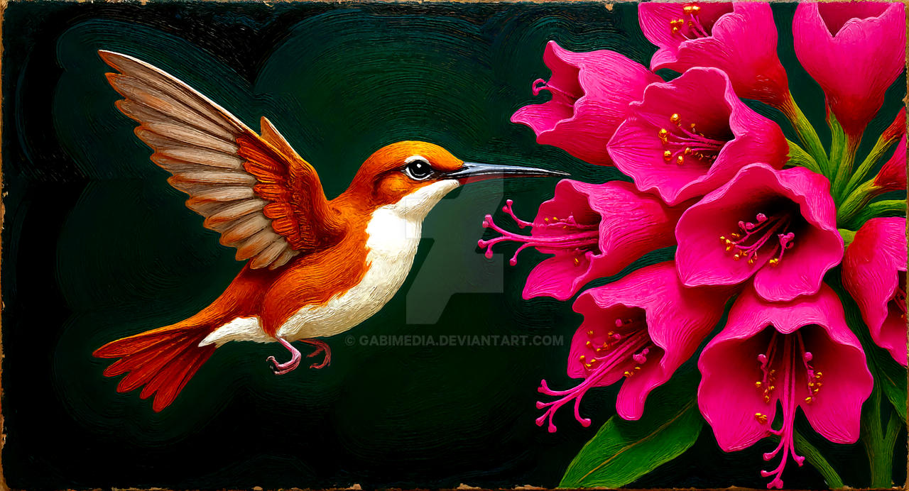 Hummingbird Flying Towards Pink Rhododendron Flowe