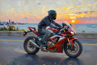 Motorcyclist on a Red Sport Motorcycle on a Coasta