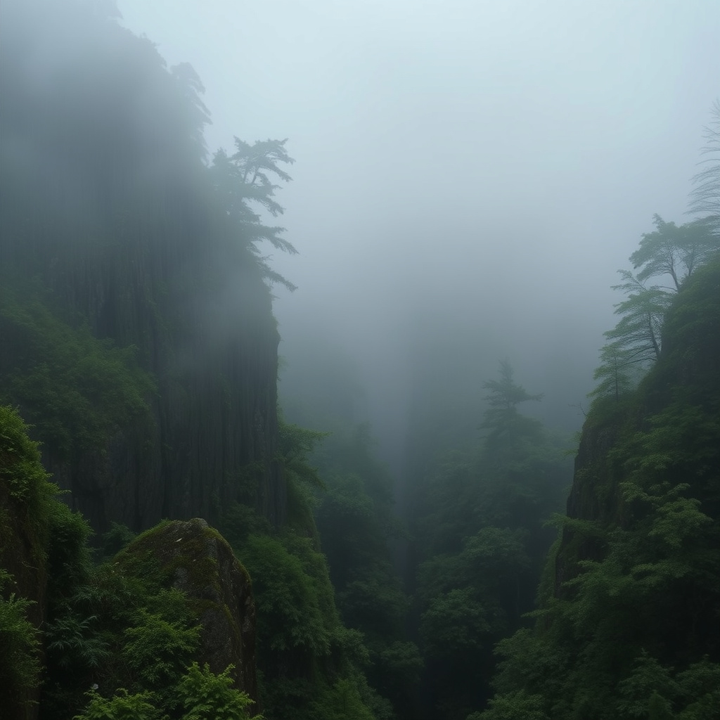 Dense woodland deep gorge thick fog persistent rai
