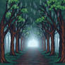 A row of trees overlapping creating an arch and tu