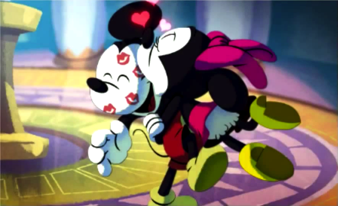 Minnie kisses Mickey in Power of Illusion