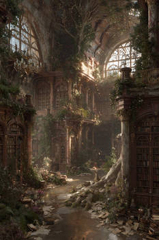 Ancient library with toppled bookshelves