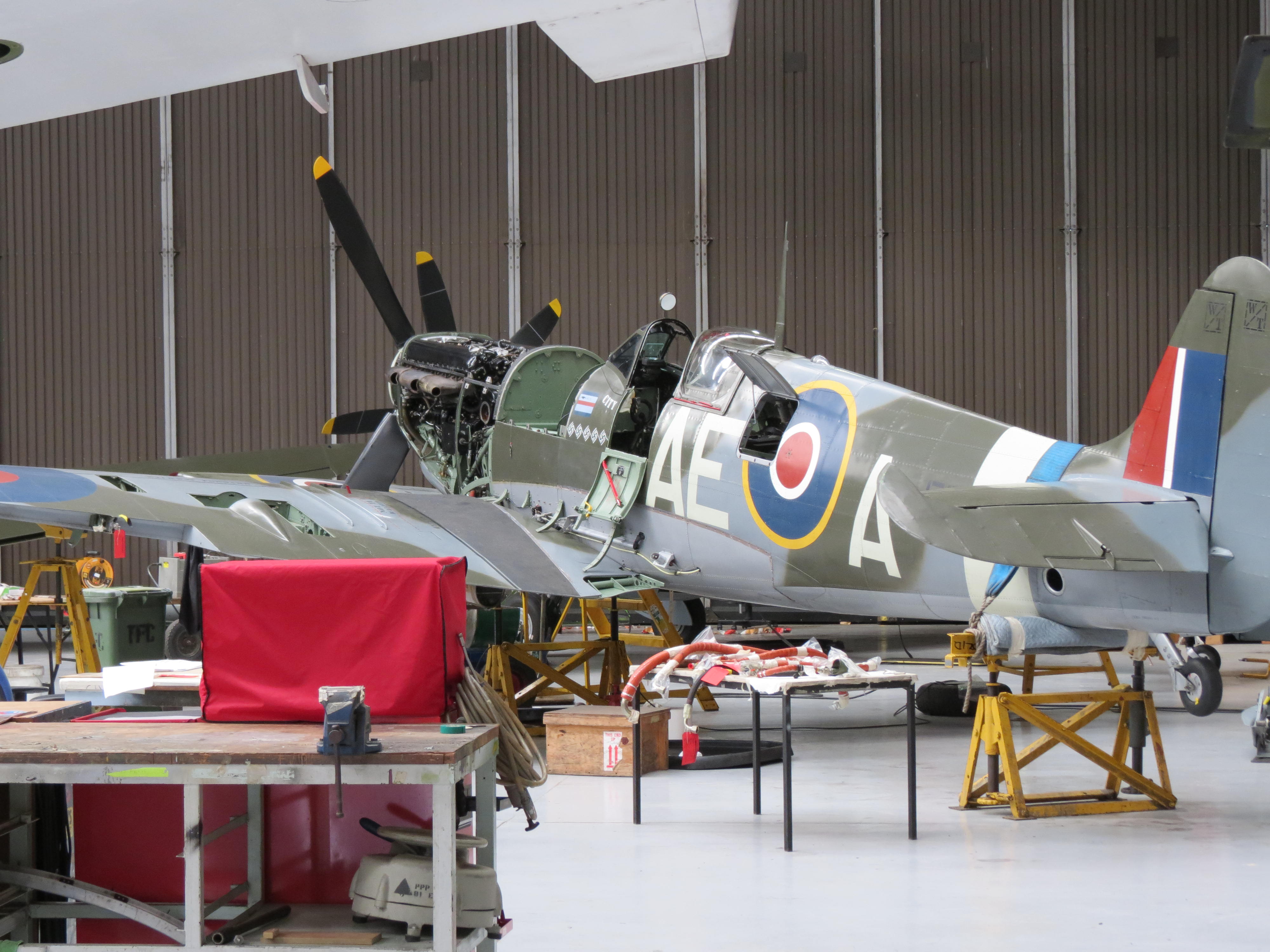 in the hanger shot ,duxford,spitfire mk5