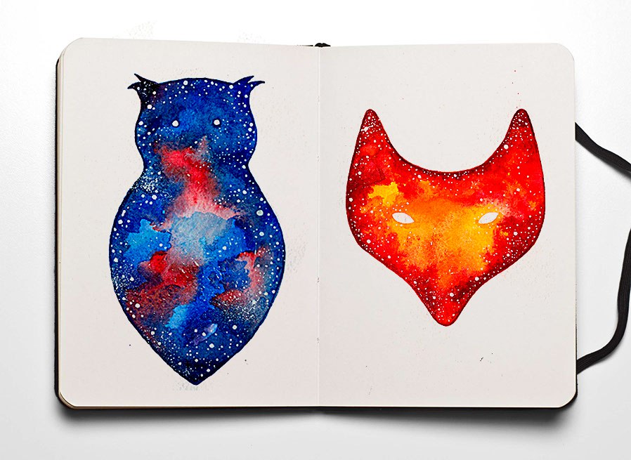 Watercolor owl and  fox