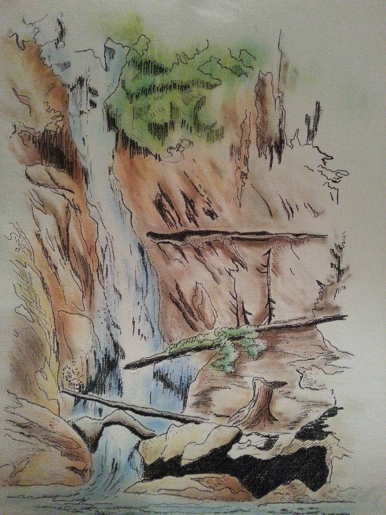 Waterfall Ink and Pastel on Canvas by StewartFoster on DeviantArt