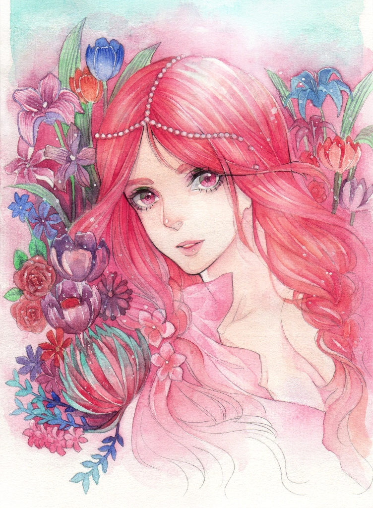Розовая нарисованная девочка. Девочка с розовыми волосами арт. Девушка с розовыми волосами рисунок. Нарисованная девочка с розовыми волосами. Девушка с цветами рисунок.