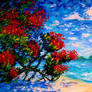 Red Flower Tree Beach Blue Sky Landscape Art