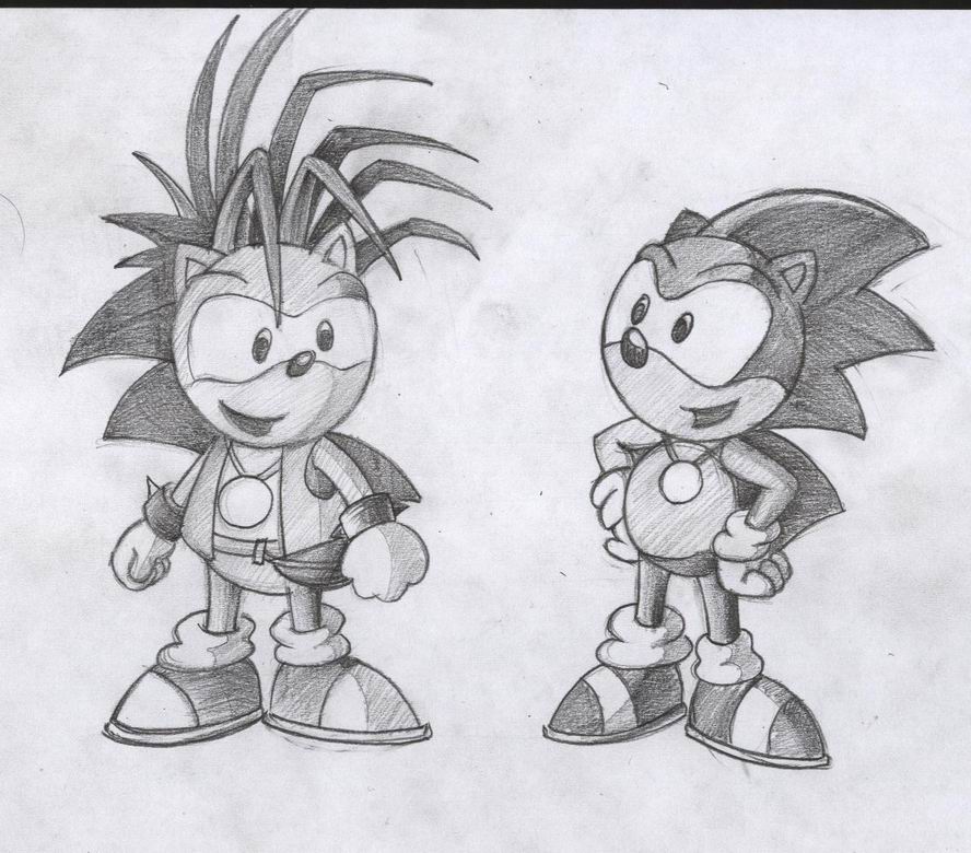 Sonic and Manic in pencil