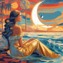 Woman with her cat and the sea waves