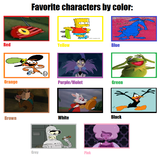 Characters Each Color My Favorite Characters by Color by Detective88 on DeviantArt