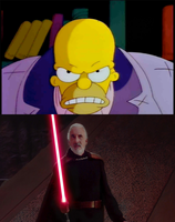 Homer Simpson facing Count Dooku