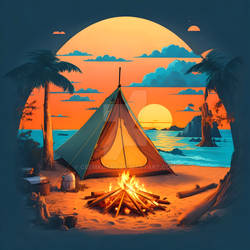 Nature's Serenity: Campfire and Tent in Sunset