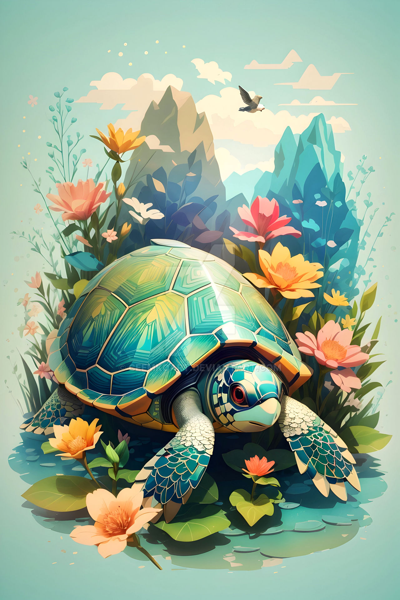 Turtle Floral Portrait by CeemkoArt on DeviantArt