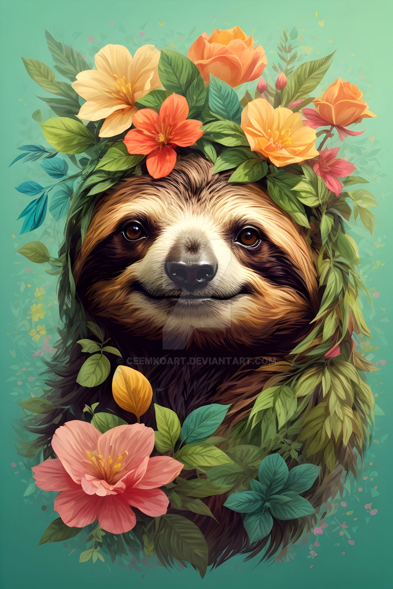 Ultra Realistic Sloth with Vintage Floral Design by CeemkoArt on DeviantArt