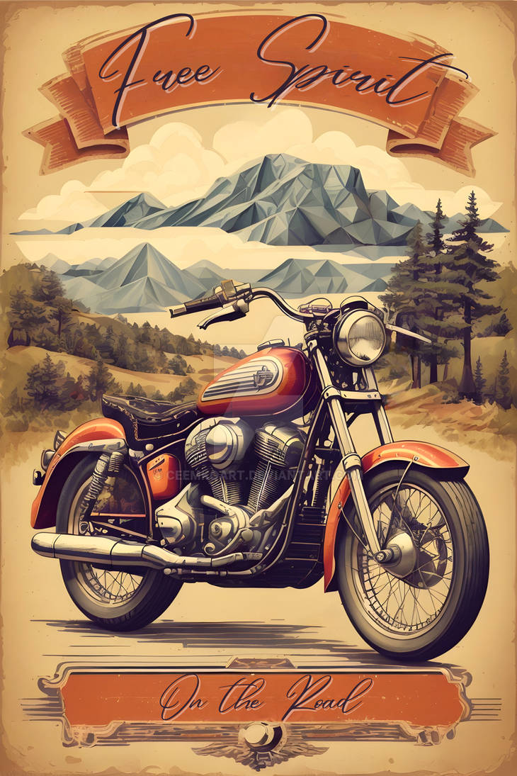 Vintage Motorcycle Poster: Free Spirit on the Road by CeemkoArt on ...