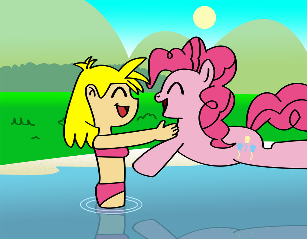 Wanda Young and Pinkie Pie playing in the lake
