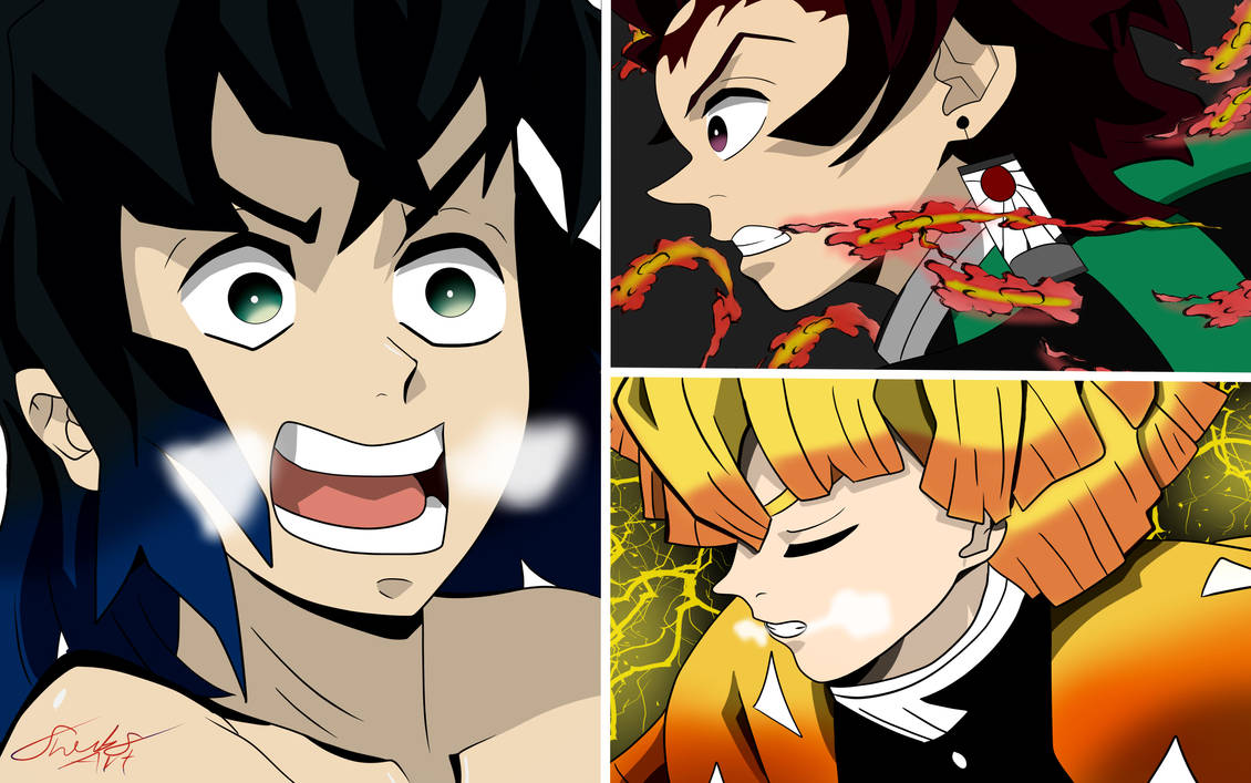 Tanjiro Zenitsu and Inosuke by SheebsArt on DeviantArt