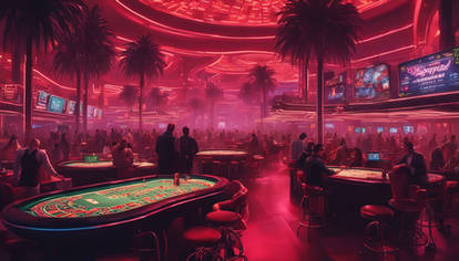 Cyberpunk Casino with red decor and palm trees