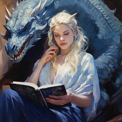 Olg8571 Women Reading Blue Book With Dragon Around