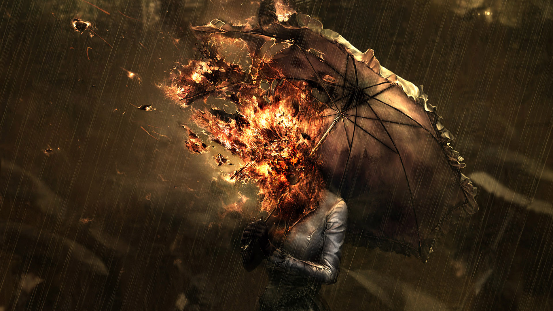 woman rain fire