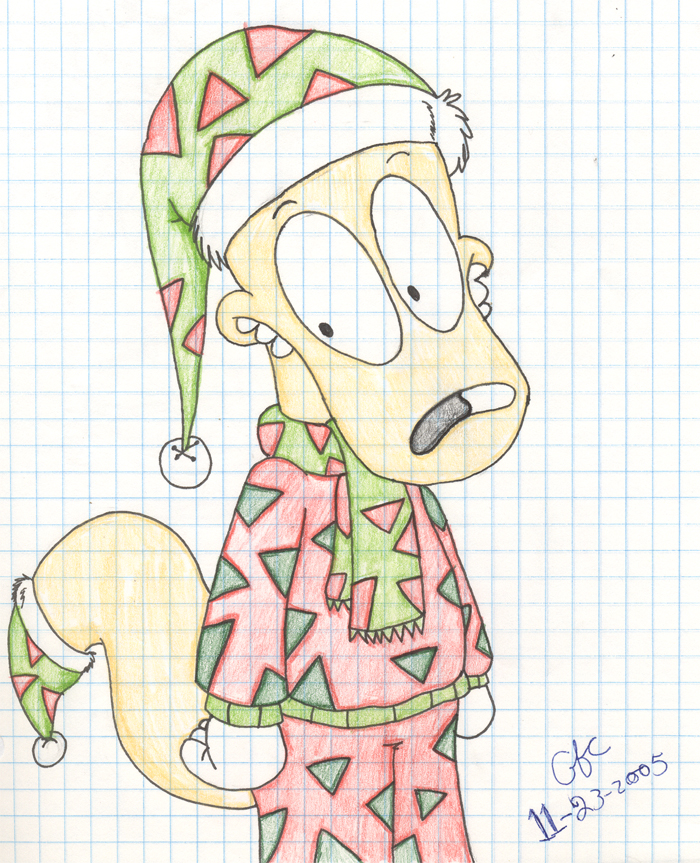 Rocko in a Christmas outfit