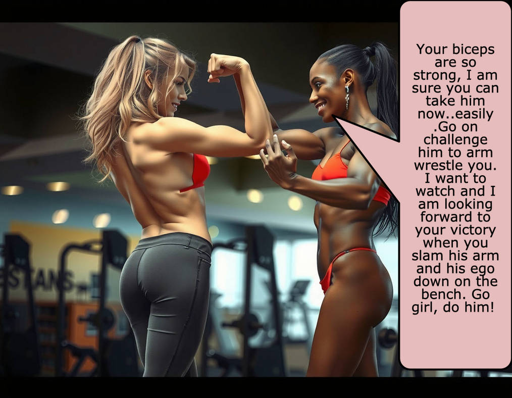 Two powerful women compare toned arms in the gym.