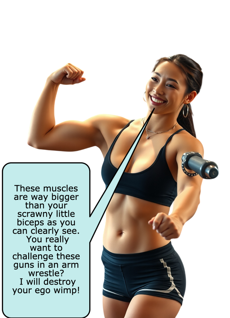 I show my powerful flexed female biceps to him!